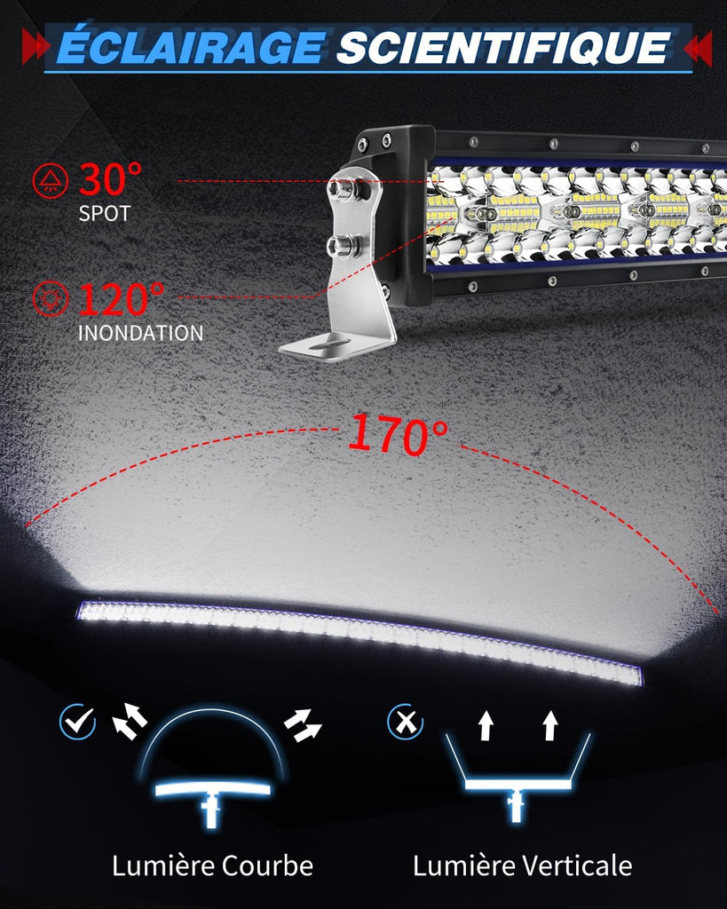 BraveWAY 52 Pouces Slim incurvée Barre Rampe LED 480W 32500LM, Triple rangée Barre LED 4x4 projecteur Flood avec kit de Harnais pour 4x4 Tracteur Voiture Camion SUV ATV, 12V 24V