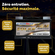 Load image into Gallery viewer, Batterie Solaire AGM 12V 100Ah Décharge Profonde sans Entretien pour Camping-Car, Voiture, Bateau, Jardin et Systèmes Solaires Autonomes Batterie Énergie Electronicx Solar Edition