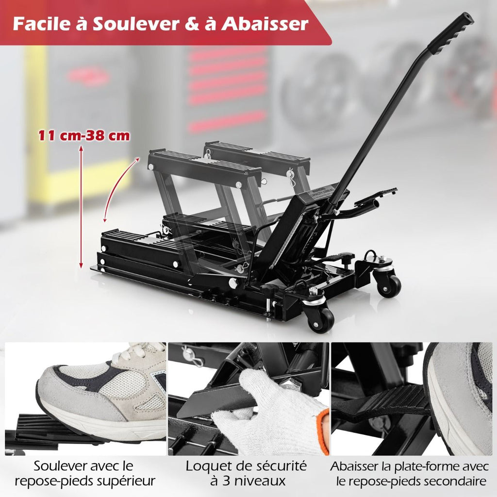 Cric Hydraulique pour Moto Capacité de 680 kg Table Élévatrice Moto Plateforme Réglable en Hauteur sur 3 Niveaux Rouge/Noir -