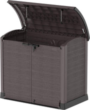 Load image into Gallery viewer, Duramax StoreAway 1200L Plastic Garden Shed/ Flat Lid,Outdoor Storage Shed,Wheelie Bin Hideaways,Wheelie bin box,Durable Construction,Ideal for Bikes,BBQs &amp; 2x 240L Bins,145x85x125 cm,Brown