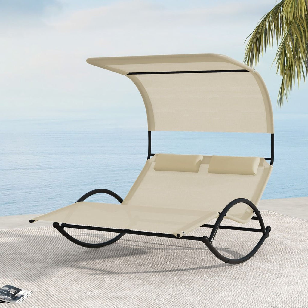 Chaise Longue Double Chaise à Bascule pour 2 Personnes 2 Appui-Têtes Amovibles Cadre en Métal Robuste Lit de Repos Ergonomique 2 Places Gris/Noir/Beige -