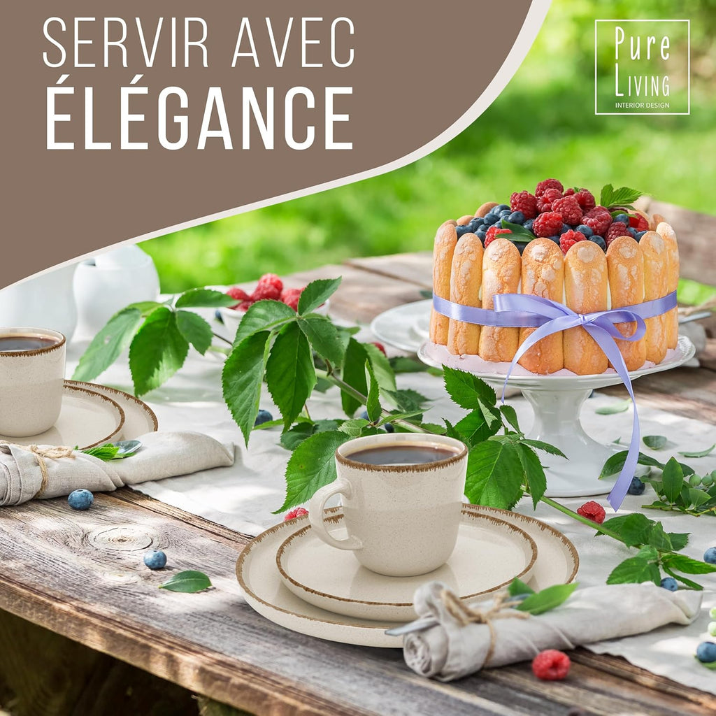 Ensemble Vaisselle en Grès 12 Personnes Rustique 36 pièces - Service de Table Rustique, Lavable au Lave-Vaisselle - Ensemble de Bols et Assiettes - Vaisselle de Table Pure Living en beige