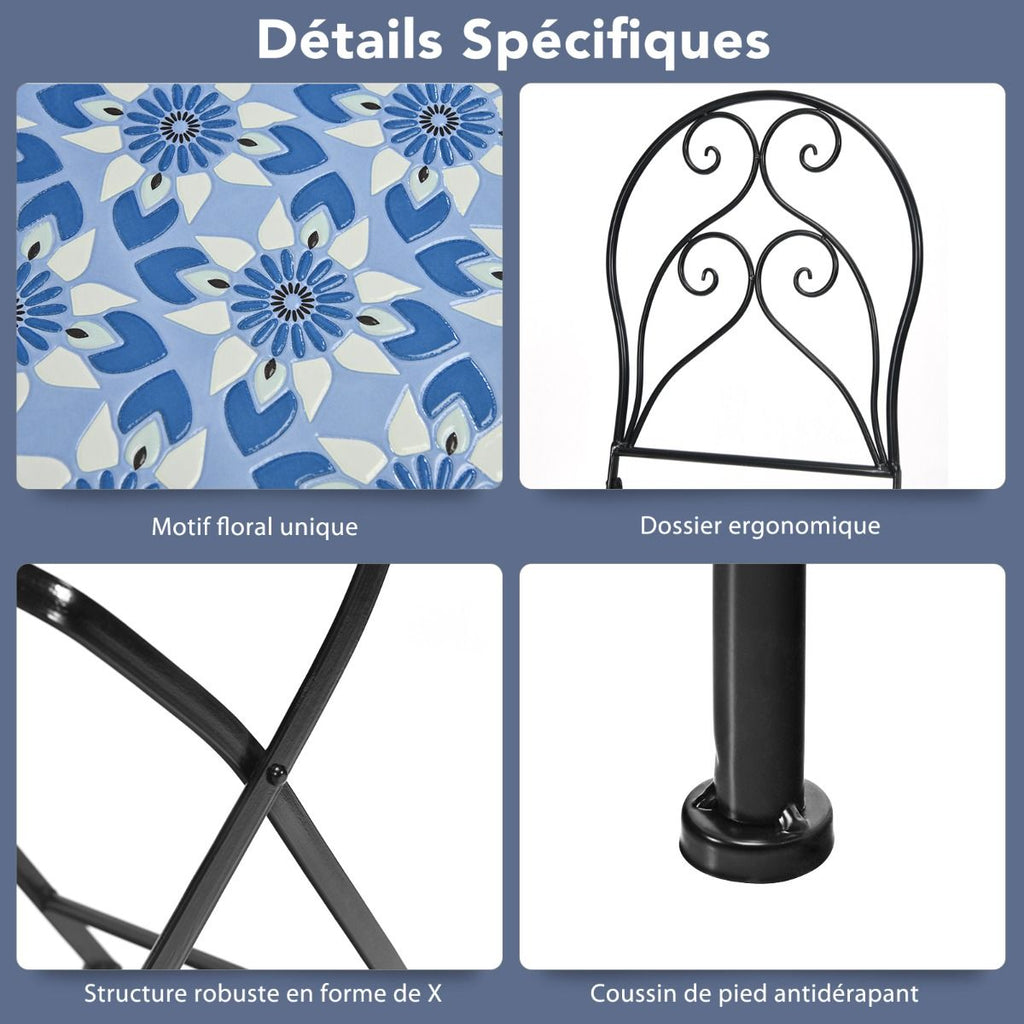 Ensemble Table et 2 Chaises Pliantes de Bistrot 2 Personnes Design Carreaux de Mosaïque Collés sur du Ciment pour Terrasse -