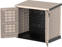 Load image into Gallery viewer, Duramax StoreAway 1200L Plastic Garden Shed/ Flat Lid,Outdoor Storage Shed,Wheelie Bin Hideaways,Wheelie bin box,Durable Construction,Ideal for Bikes,BBQs &amp; 2x 240L Bins,145x85x125 cm,Brown