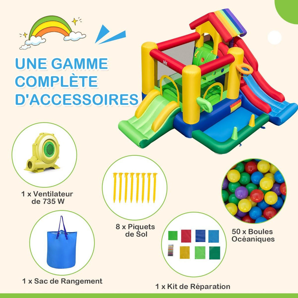 Ch芒teau Gonflable  Thme Arc-en-ciel 7 en 1 avec Ventilateur Double Toboggans Piscine  Balles Panier de Basket Charge 90kg -
