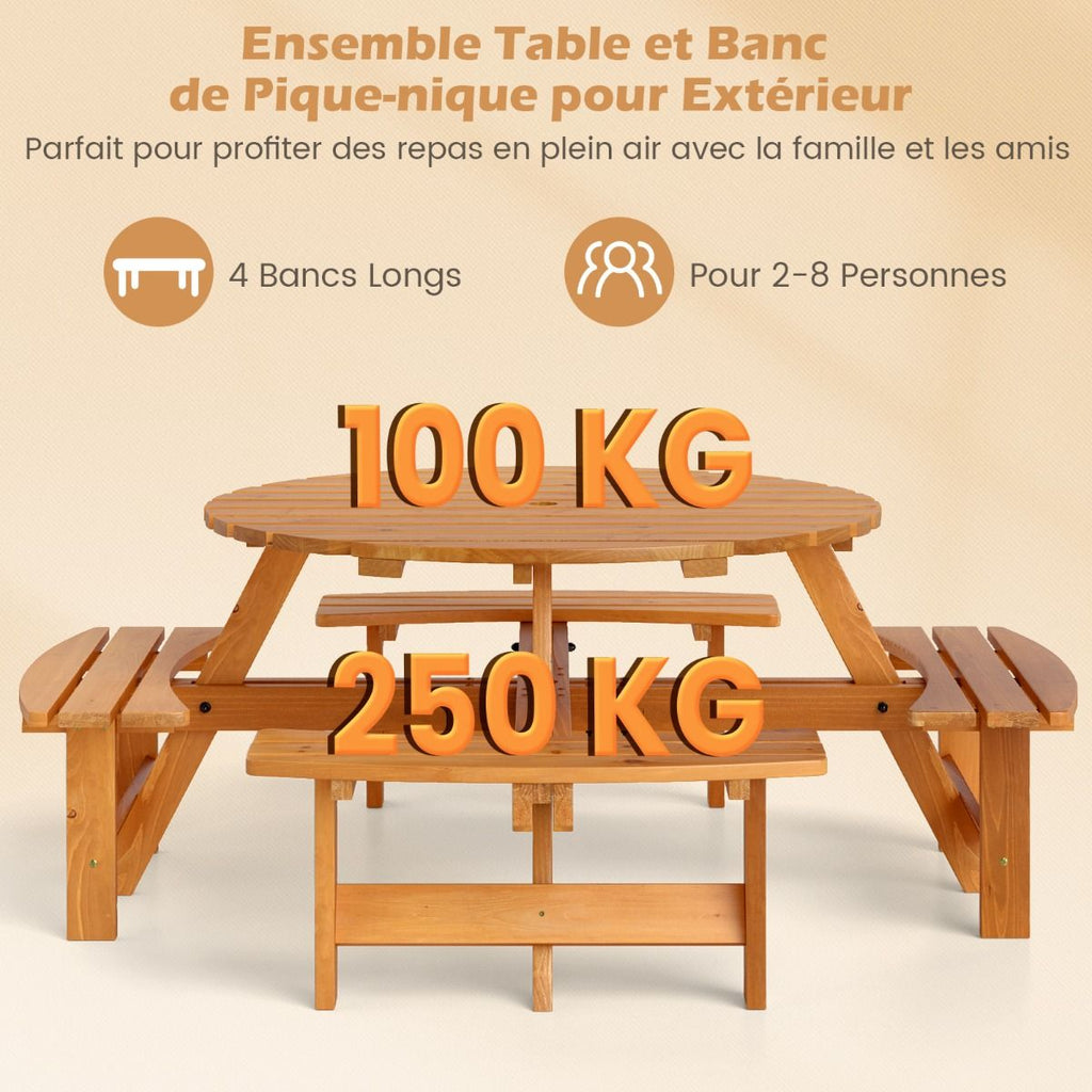 Ensemble Table de Pique-Nique en Bois pour 2 à 8 Personnes Set Table et Banc Circulaire avec 4 Bancs Intégrés Trou de Parasol de 5cm Marron/Jaune -