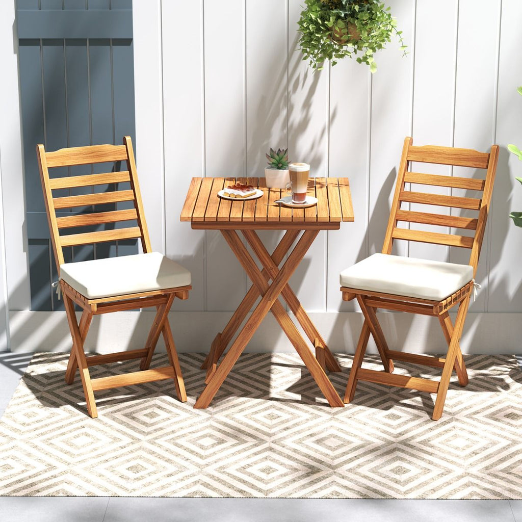 Ensemble Bistrot d'Extrieur en Bois d'Acacia Ensemble de Chaises Pliantes et Table Coussins de Sige Sans Accoudoirs  Dossier Haut Blanc -