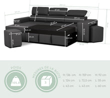 Load image into Gallery viewer, BUDWING John Canapé-Lit d’Angle 4 Places – Chaise Longue Réversible, Têtières Réglables et 2 Poufs – Revêtement en Polyuréthane – Style Moderne – 263x161x96 cm – Noir