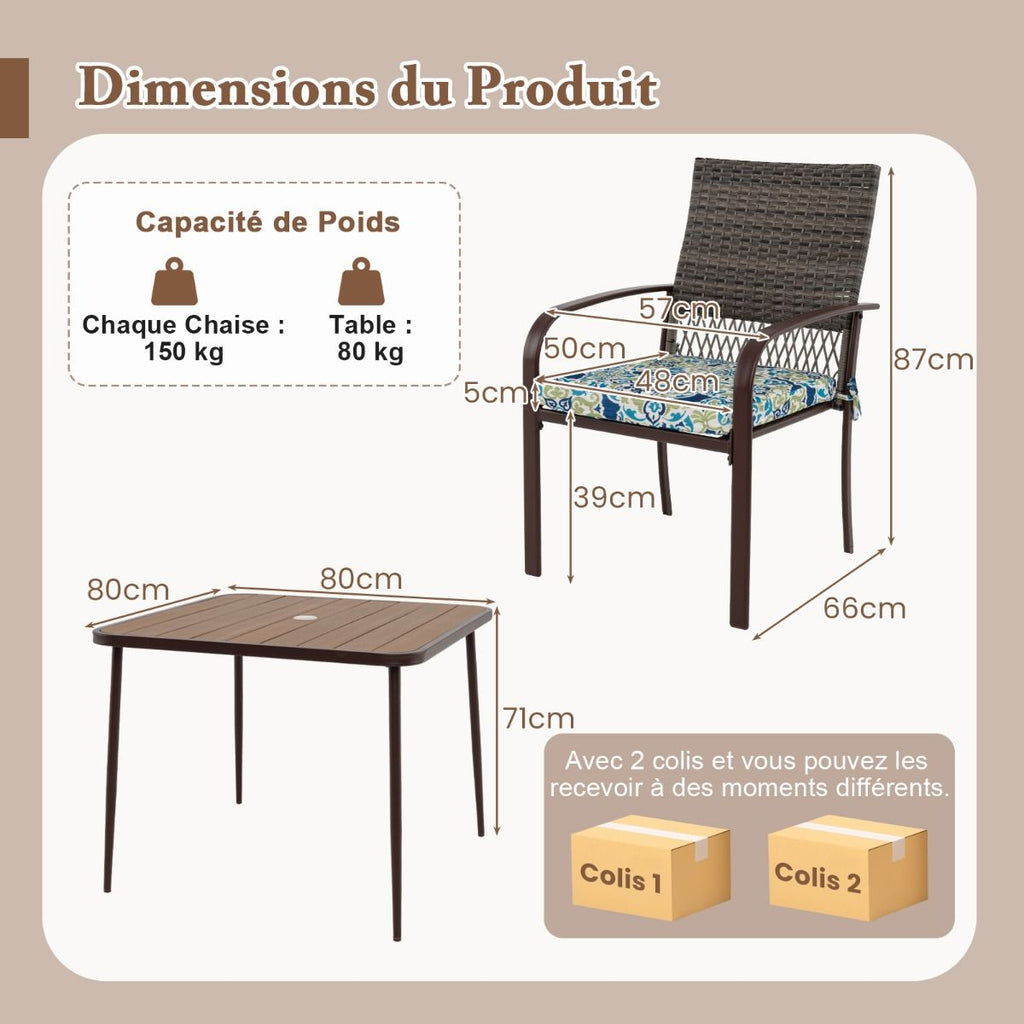 Ensemble de Meubles de Patio 5 Pices Salon de Jardin 4 Fauteuils en Rotin avec Coussins et Table Carre avec Trou pour Parasol -