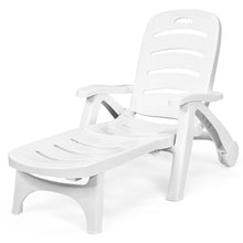 Load image into Gallery viewer, Chaise Longue Pliable Dossier Inclinable à 5 Positions avec Roues Intégrées pour Terrasse Jardin Piscine 150 kg Gris/Blanc/Bleu -