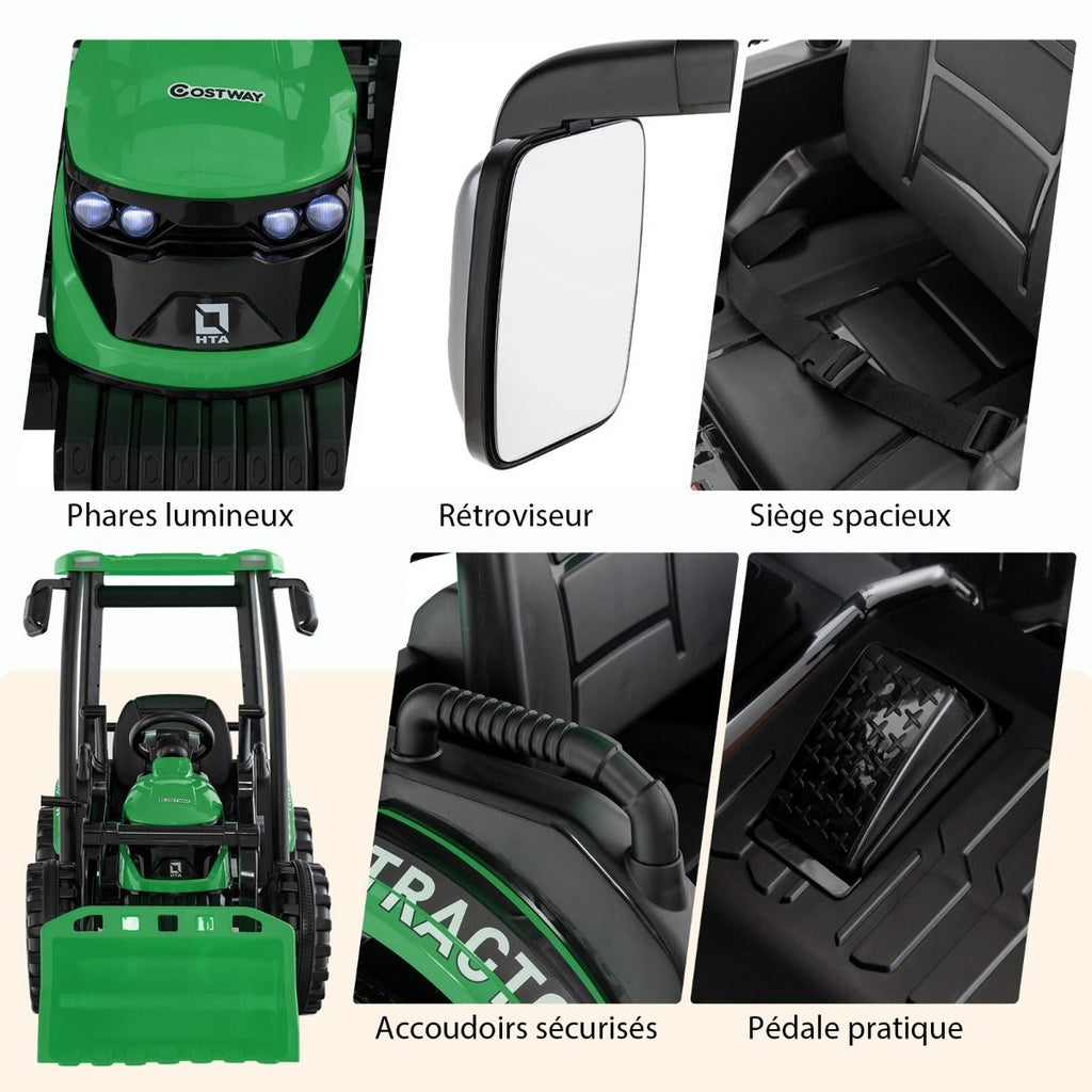 12V Tracteur lectrique Enfants avec Pelle&Remorque Amovible Vhicule lectrique  6 Roues avec Tlcommande & Musique 3-6 km/h pour 3-8 Ans Jaune/Vert -