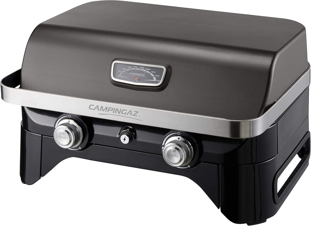 Attitude2go,Barbecue de Table à Faible fumée,BBQ Portable,à Couvercle,thermomètre,et Grille en Fonte,Alimentation : Cartouche de gaz CV 470 Plus,Gris