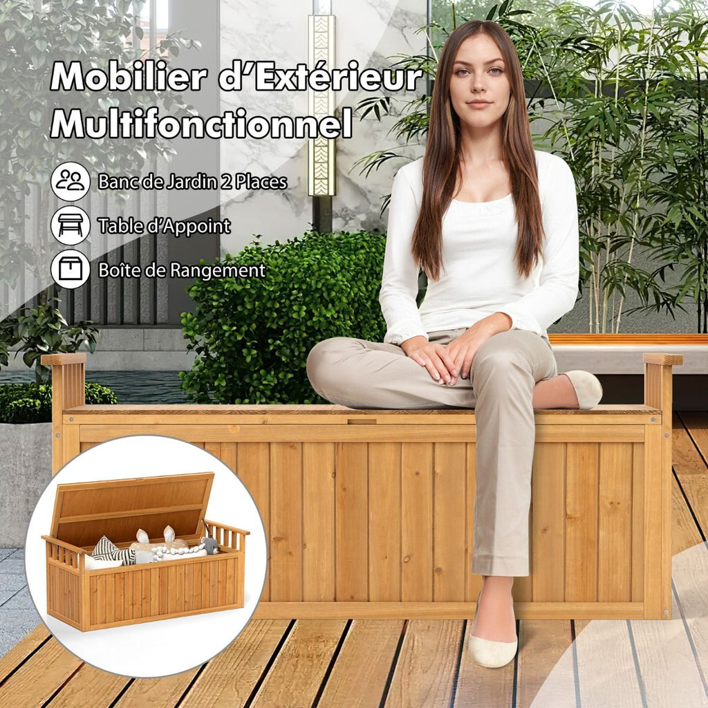 Banc de Rangement en Bois Banc d'Extérieur à 2 Places de 209 L avec Accoudoirs Coffre de Stockage en Bois Charge 100KG Naturel -