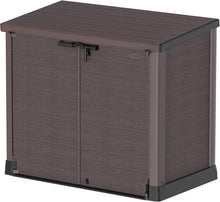 Load image into Gallery viewer, Duramax StoreAway 1200L Plastic Garden Shed/ Flat Lid,Outdoor Storage Shed,Wheelie Bin Hideaways,Wheelie bin box,Durable Construction,Ideal for Bikes,BBQs &amp; 2x 240L Bins,145x85x125 cm,Brown