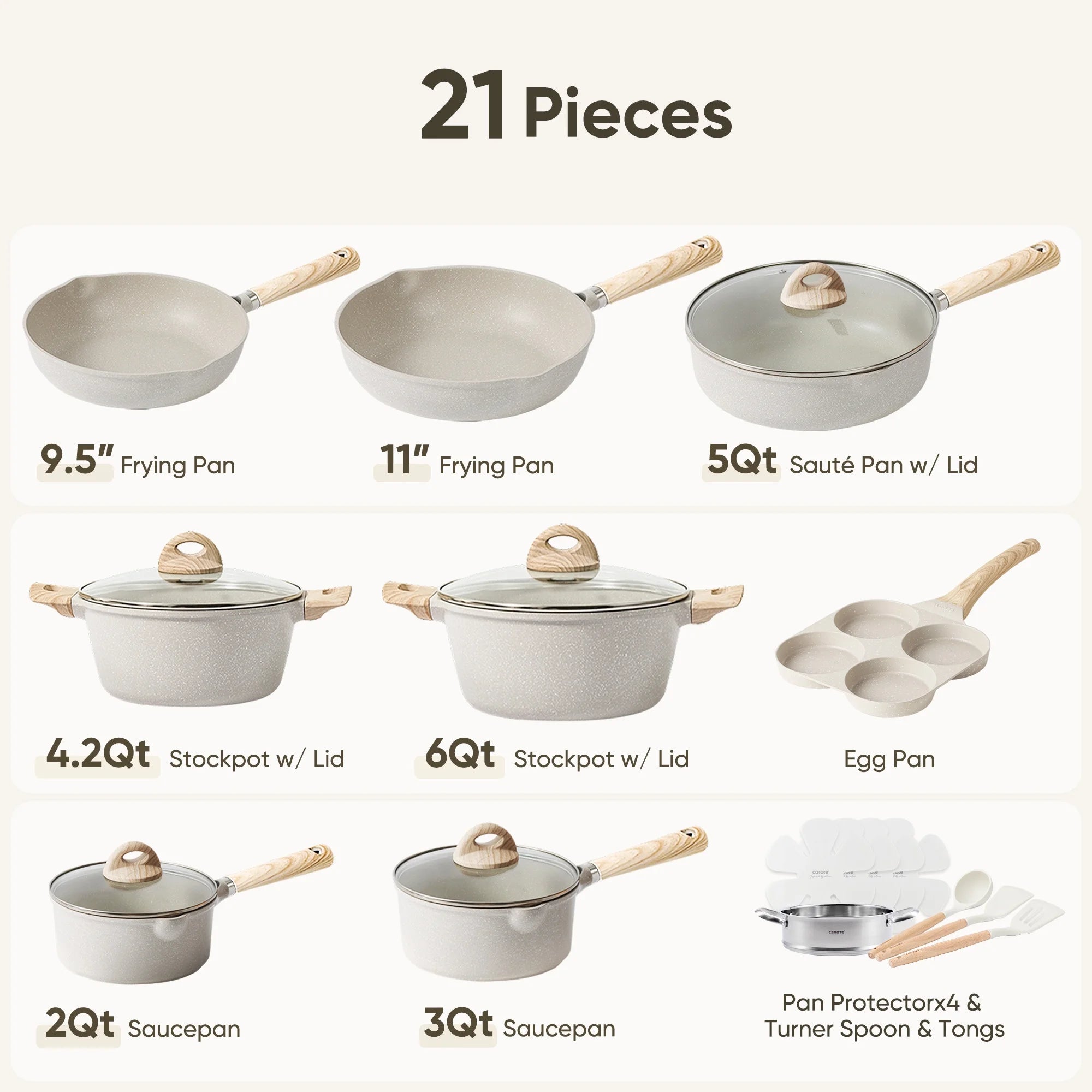 Carote Nonstick Cookware Set 21 - Piece, Kitchen Pots and Pans Set, Stay - Cool Handles, Induction Compatible, Cookware Set for RV and Camping, Beige