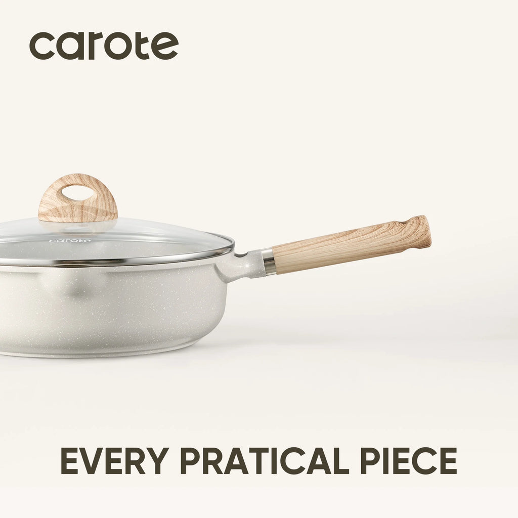 Carote Nonstick Cookware Set 21 - Piece, Kitchen Pots and Pans Set, Stay - Cool Handles, Induction Compatible, Cookware Set for RV and Camping, Beige