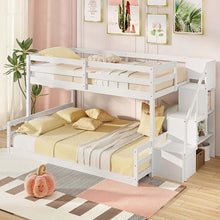 Load image into Gallery viewer, Twin Over Full Bunk Bed with Storage Stairs, Solid Wood Floor Bunk Bed with Full-Length Guardrails, Low Bunk Bed with for Kids Teens Adults