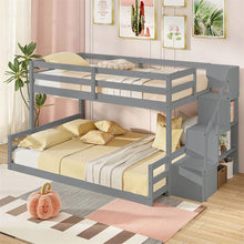 Load image into Gallery viewer, Twin Over Full Bunk Bed with Storage Stairs, Solid Wood Floor Bunk Bed with Full-Length Guardrails, Low Bunk Bed with for Kids Teens Adults