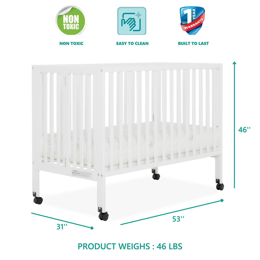Dream on Me Quinn Full - Size Folding Crib. Removable Wheels. Modern Nursey. Adjustable Mattress Support. Patent Folding System in White